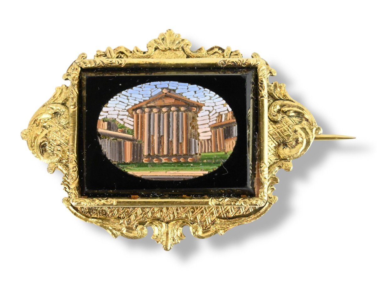 Micromosaic - Brooch With Temple Of Vesta - Italy 19th Century